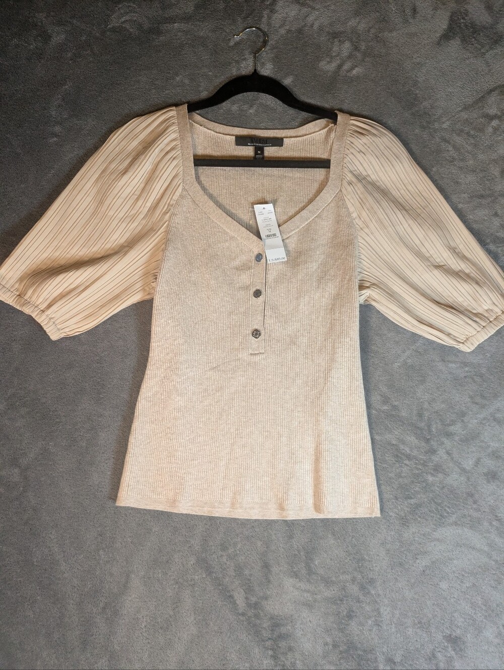 White House Black Market Heather Biscotti Puff Sleeve Henley Sweater M